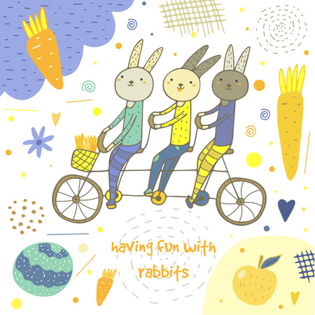 Cute hand drawn card, postcard with rabbits, bike, carrot, cabbage, apple, cloud, flowers, hearts, polka dots, abstract elements Background cover for children in cartoon styleのイラスト素材