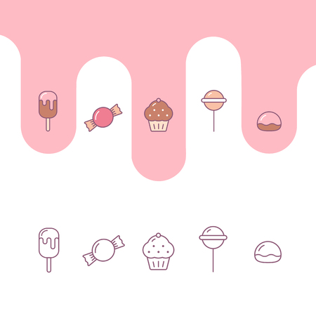 Cute candy icons including ice cream, sweet, muffin, lollipop, zephyr, Pastry icons set outlinedのイラスト素材
