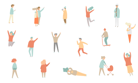 People set doing activities including walking, riding scooter, jumping, doing selfie, walking with baby, running, texting, communicating. Men and women in trendy flat style collectionのイラスト素材