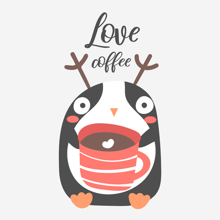 Penguin with cup of coffee. Cute Christmas animal with lettering quote love coffeeのイラスト素材