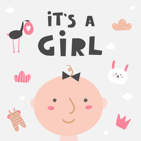 Its a girl card, postcard, banner with new born baby, rabbit, stork, cloud, crown.のイラスト素材
