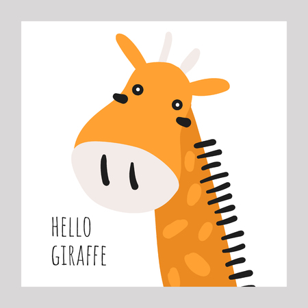 Card, postcard, poster for kids room interior with cute giraffe, hello lettering quote. Background with african animal for children, baby showerのイラスト素材