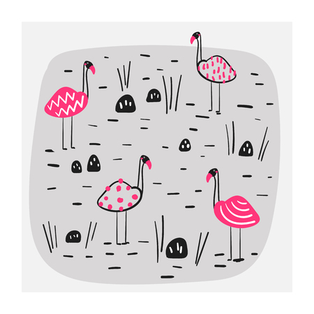 Illustration of group of pink flamingos in the lake. Card, postcard, print, poster, background with funny doodle birds for kidsのイラスト素材