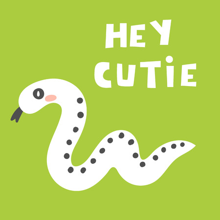 Cute hand drawn card, postcard, poster with white snake, lettering quote hey cutie. Funny background for kidsのイラスト素材