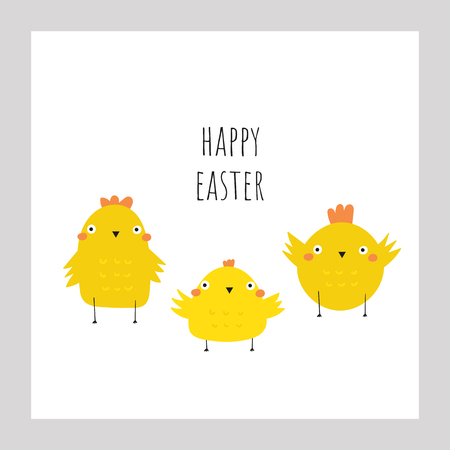 Cute doodle easter card, postcard, tags, poster with yellow chickens. Funny holiday illustrations in childish styleのイラスト素材