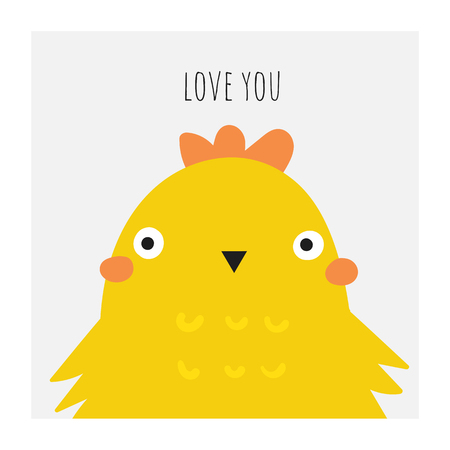 Cute doodle easter card, postcard, tags, poster with yellow chicken. Funny holiday illustrations in childish style with lettering quote love youのイラスト素材