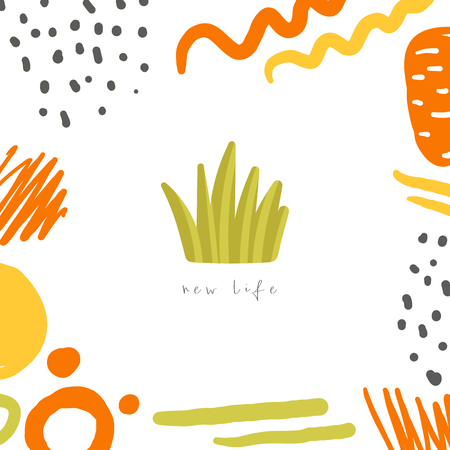 Cute hand drawn doodle card,postcard,poster with abstract colorful elements, green grass, lettering quote. Background for gardening season, spring, summerのイラスト素材