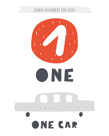 Learn numbers card for kids. Number one poster with card and lettering wordsのイラスト素材