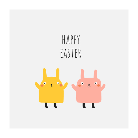 Cute doodle easter,spring card, postcard, tag, poster with rabbits, lettering quote. Funny yellow and pink holiday illustration in childish styleのイラスト素材
