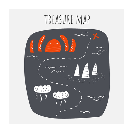Treasure map with octopus, clouds, storm, riffs, ship route, waves, ocean.