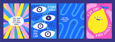 Educational school, university cute hand drawn doodle backgrounds with lemon, eyes, characters,...