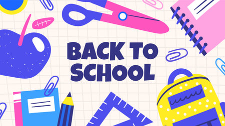 Back to school template banner with backpack, copybook, book, apple, scissors, ruler, paper clips. Hand drawn doodle cartoon style education card, poster, background, page, cover, brochure with text.のイラスト素材