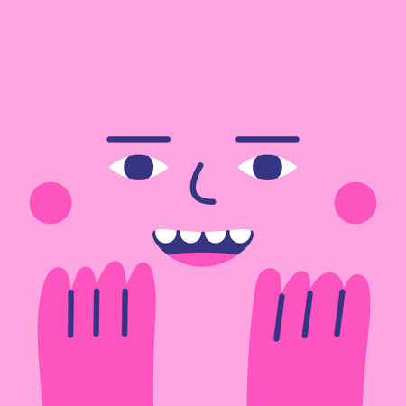 Cute hand drawn doodle happy calm face with arms. Pink funny happy, smiley, naughty mascot. Square cartoon style character for kids, childrenのイラスト素材