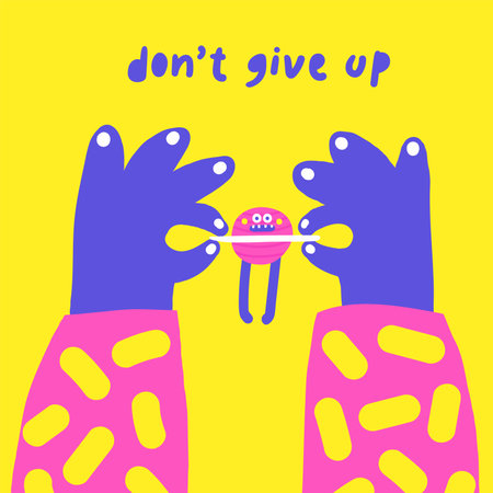 Motivational card. Cute hand drawn doodle funny style illustration with hands holding Saturn planet. Postcard, cover, social media post.のイラスト素材