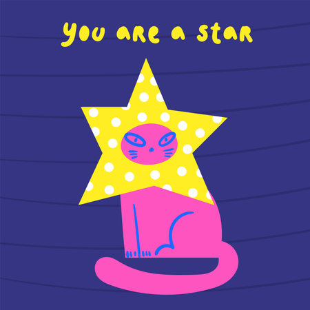 Motivational card. Cute hand drawn doodle funny style illustration with cat in star costume. Postcard, cover, social media post.のイラスト素材