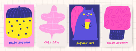 Cute doodle autumn cards, brochures, invitations with leaf, squirrel, tree, acorn. Cartoon...