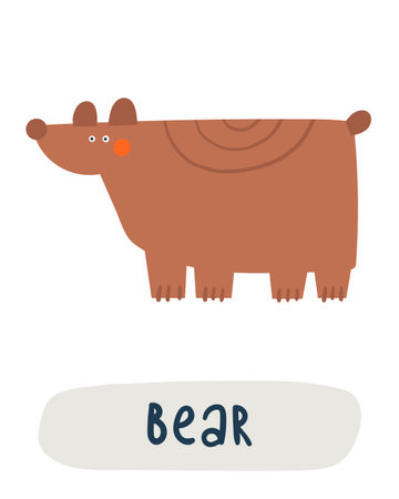 Autumn nature flashcard. Learning English words for kids. Cute hand drawn doodle educational card with bear. Preschool learning materialのイラスト素材