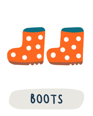 Autumn season flashcard. Learning English words for kids. Cute hand drawn doodle educational card with polka dot pattern rubber boots. Preschool learning materialのイラスト素材