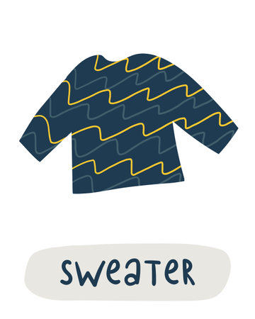 Autumn season flashcard. Learning English words for kids. Cute hand drawn doodle educational card with sweater. Preschool learning materialのイラスト素材