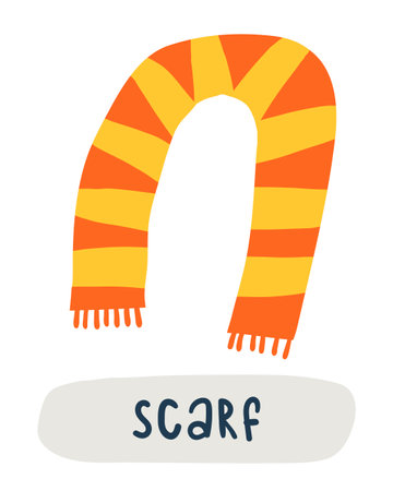 Autumn season flashcard. Learning English words for kids. Cute hand drawn doodle educational card with scarf. Preschool learning materialのイラスト素材