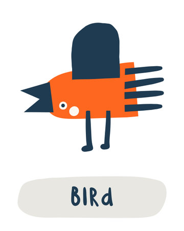 Autumn nature flashcard. Learning English words for kids. Cute hand drawn doodle educational card with bird. Preschool learning materialのイラスト素材