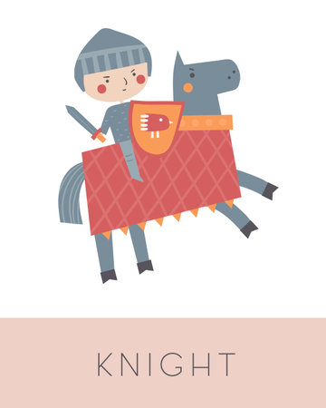 Fairy tale flashcard. Learning English words for kids. Cute hand drawn doodle educational card with knight on a horse. Preschool learning materialのイラスト素材