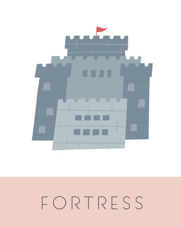 Fairy tale flashcard. Learning English words for kids. Cute hand drawn doodle educational card with fortress. Preschool learning materialのイラスト素材