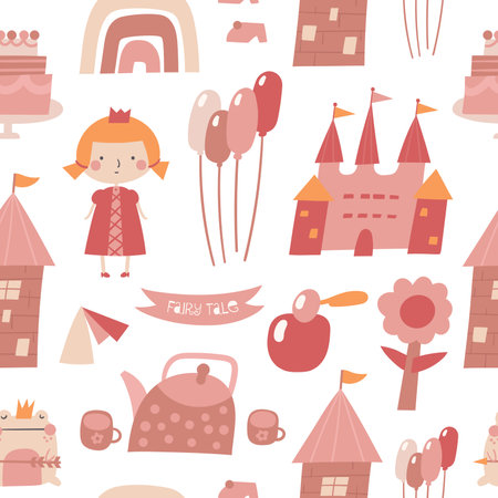 Cute fairy tale seamless pattern. Funny hand drawn doodle repeatable pattern with princess, castle, tower, frog, balloons, tea pot, flower, perfume, rainbow. Kingdom theme backgroundのイラスト素材