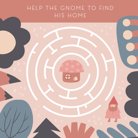 Cute fairy tale doodle maze with gnome, mushroom house, nature elements, forest. Fairy tale magical fantasy puzzle for kids, children. Funny cartoon style labyrinth with adorable characters.のイラスト素材