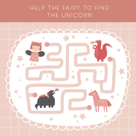 Cute fairy tale doodle maze with dragon, fairy, unicorn. Fairy tale magical fantasy puzzle for kids, children. Funny cartoon style labyrinth with adorable characters.のイラスト素材