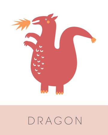 Fairy tale flashcard. Learning English words for kids. Cute hand drawn doodle educational card with dragon. Preschool learning materialのイラスト素材