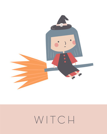 Fairy tale flashcard. Learning English words for kids. Cute hand drawn doodle educational card with witch. Preschool learning materialのイラスト素材