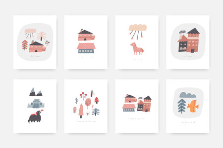 Fairy tale baby shower postcards set with cute hand drawn doodle houses, dragon, forest, unicorn, cloud, stars. Magical cover, page, banner, poster, print. Mythology enchanted backgrounds for kidsのイラスト素材