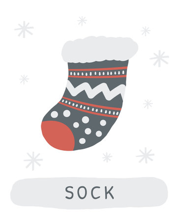 Winter flashcard. Learning English words for kids. Cute hand drawn doodle educational card with Christmas sock. Preschool learning materialのイラスト素材