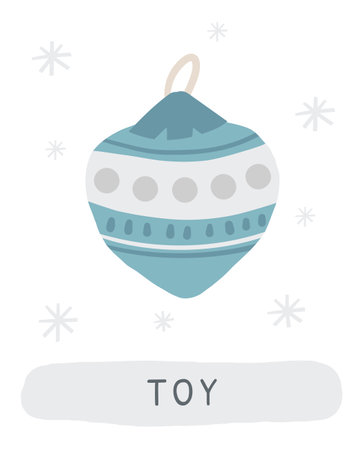 Winter flashcard. Learning English words for kids. Cute hand drawn doodle educational card with Christmas toy. Preschool learning materialのイラスト素材