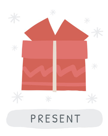 Winter flashcard. Learning English words for kids. Cute hand drawn doodle educational card with Christmas gift box. Preschool learning materialのイラスト素材