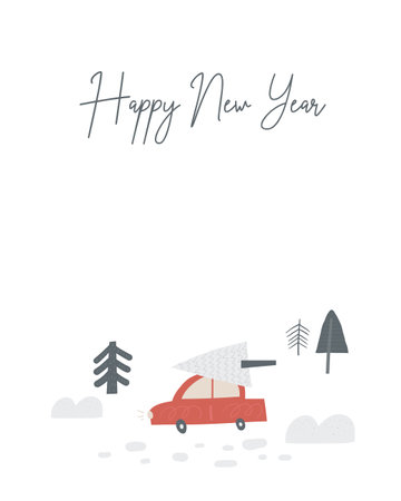 Cute winter Christmas New Year postcard with cute hand drawn doodle car with Christmas tree in the forest. Cold winter season cover, template, banner, poster, print.のイラスト素材