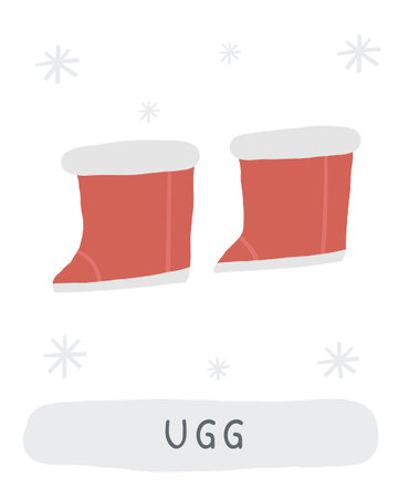 Winter flashcard. Learning English words for kids. Cute hand drawn doodle educational card with boots, ugg. Preschool learning materialのイラスト素材