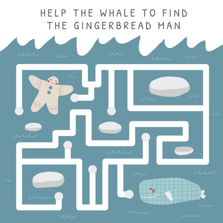 Cute winter doodle maze with ice, ginger bread man, whale. Funny cartoon style New Year labyrinth with adorable characters.のイラスト素材