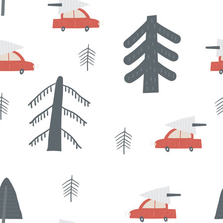 Cute winter Christmas New Year seamless pattern. Funny hand drawn doodle repeatable pattern with car with Christmas tree, forest, fur trees. Winter season, Noel, polar, arctic theme backgroundのイラスト素材