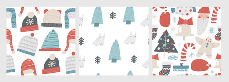 Cute winter Christmas New Year seamless patterns set. Funny hand drawn doodle repeatable pattern with rabbit, santa, tree, ginger bread man, candy stick, bag, bell. Noel, polar, arctic backgroundのイラスト素材