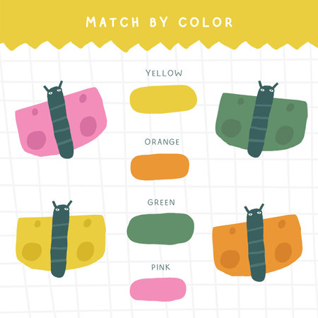Learn colors game for kids. Cute hand drawn doodle funny puzzle with butterfly. Educational worksheet, mind task, riddle, quiz strategy, mental teaser, challenge, iq toy, brain trainer for childrenのイラスト素材
