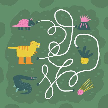 Cute dinosaur doodle maze with dinos, plants. Jurassic era puzzle for kids, children. Funny cartoon style labyrinth with adorable charactersのイラスト素材