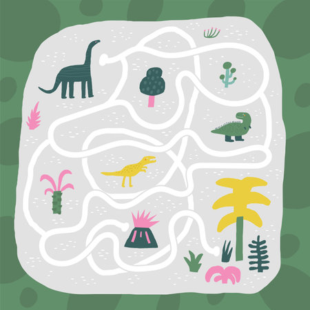 Cute dinosaur doodle maze with dinos, plants. Jurassic era puzzle for kids, children. Funny cartoon style labyrinth with adorable charactersのイラスト素材