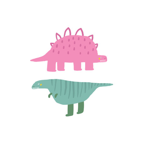 Cute dinosaur postcard with funny hand drawn doodle dino, stegosaurus. Jurassic era cover, template, banner, poster, print. Extinct animal background for kidsのイラスト素材