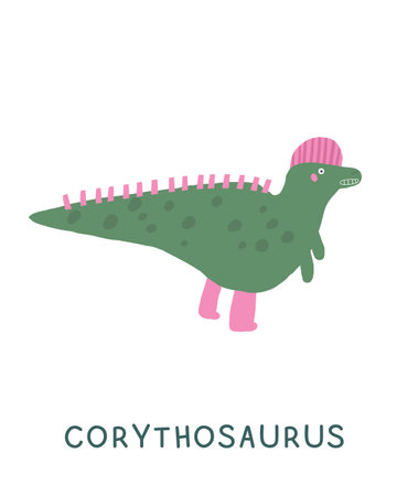 Jurassic period dinosaur flashcard. Learning English words for kids. Cute hand drawn doodle educational card with dino. Preschool learning material. Funny extinct animal card for printのイラスト素材