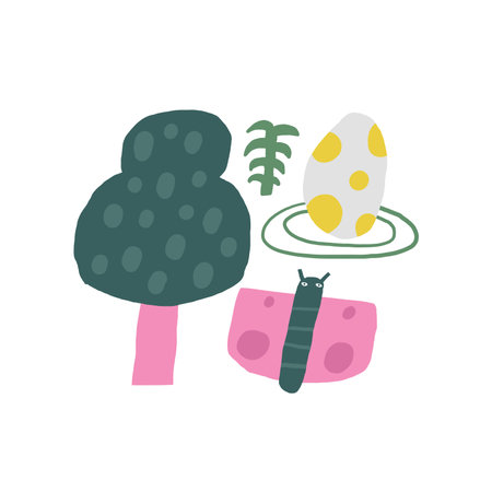 Cute plants postcard with funny hand drawn doodle butterfly, flower, leaf, tree, dino egg. Jurassic era cover, template, banner, poster, print. Extinct plants background for kidsのイラスト素材