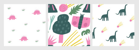 Cute dinosaur theme seamless patterns set. Funny hand drawn doodle repeatable pattern with volcano, dinos, trees, meteorite, diplodocus, stegosaurus, pterodactyl, plants. Jurassic period, era background with extinct animalsのイラスト素材