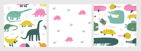 Cute dinosaur theme seamless patterns set. Funny hand drawn doodle repeatable pattern with volcano, dinos, trees, meteorite, diplodocus, stegosaurus, pterodactyl, plants. Jurassic period, era background with extinct animalsのイラスト素材