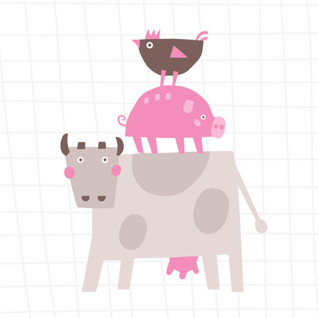 Farm animal composition. Cute hand drawn doodle sweet cow, pig, rooster, chicken. Card, postcard, t shirt print, cover, poster with funny animal for kid, childrenのイラスト素材